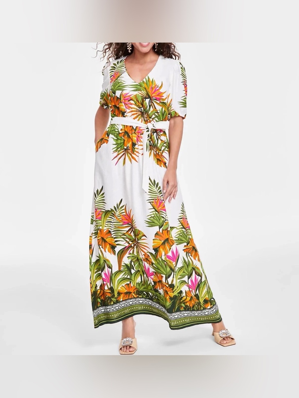 INC Maxi Dress Women Size Medium Floral Print Linen Blend Tie Waist Pockets